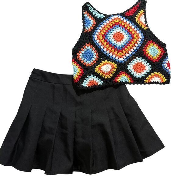 Crochet rainbow Rave Boho festival top with pleated skirt both Medium - Picture 1 of 7